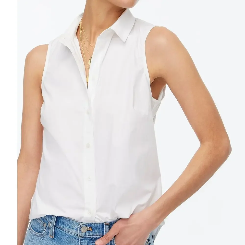J Crew Women's Medium Shirt Sleeveless Cotton Poplin Button Front Signature Fit
